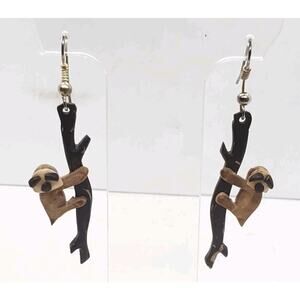 Sloth Earrings Handmade Wooden Hanging From Branch Long Dangle Cute